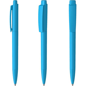 A set of three blue plastic pens featuring a glossy finish and clip design. Each pen has a distinctive shape.