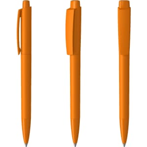 An orange plastic pen with a glossy finish, featuring a clip and a retractable mechanism.