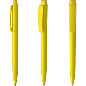 A set of three yellow plastic pens featuring a sleek, high-gloss finish and a branding logo.