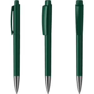 A set of three green metal pens with sleek designs, featuring a clip and a cap on the middle one. Each has a silver tip.