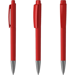 A set of three red metal pens with silver accents and a branding logo.