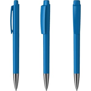 A collection of blue metal pens with a high-gloss finish, featuring different cap designs and a logo.