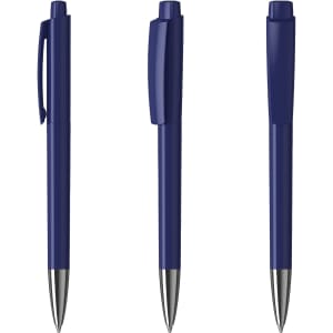 A set of three navy blue metal pens featuring a sleek design and a silver trim, each with a cap.