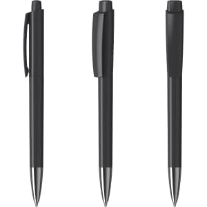 A set of black metal pens with a glossy finish, featuring a clip and a smooth design. Each pen has a different position.