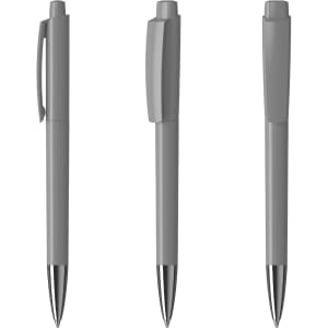 A set of three grey metal pens with silver accents and a logo on the barrel.