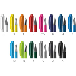 A collection of metal pens in various colours, including white, red, orange, green, blue, and black, with metallic tips.