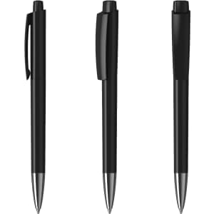 A set of three black metal pens with shiny finishes and click mechanisms. Each pen has a unique design.