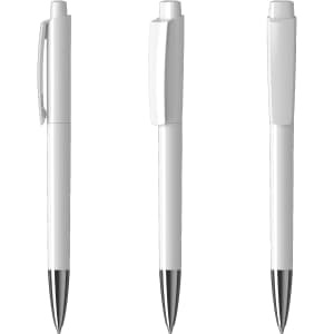 A set of three sleek white metal pens with chrome accents, featuring various angles and a branding logo.