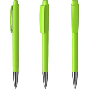 A set of three bright green metal pens featuring a sleek design and a clip. Each pen has a shiny silver tip.
