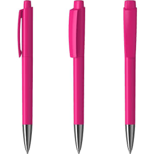 A set of three vibrant pink metal pens with silver accents and clip designs. They feature a sleek, glossy finish and branding.
