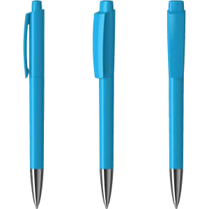 A set of three blue metal pens with chrome accents, featuring different angles and a logo on the barrel.