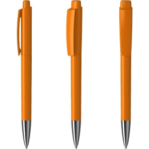An orange metal pen with a glossy finish, featuring a clip and a chrome tip, shown from three angles.