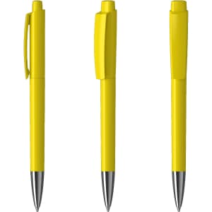 A set of three yellow metal pens with silver accents, featuring different angles and a logo on each.