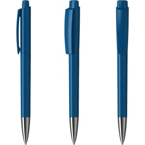 A set of three blue metal pens with different designs and a shiny finish; each pen includes a clip and a smooth tip.