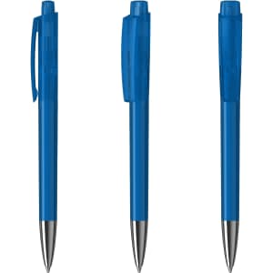 A set of three blue plastic pens with transparent bodies and silver tips, featuring a logo on the side.