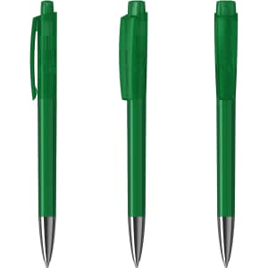 Transparent green plastic pens with silver accents, featuring a click mechanism and a logo.