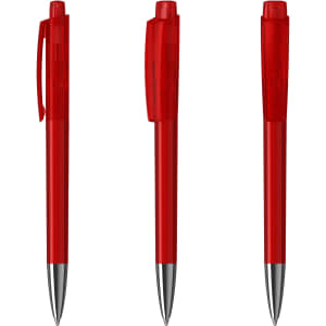 A set of three transparent red plastic pens with silver accents and clip. Each pen has a click mechanism.