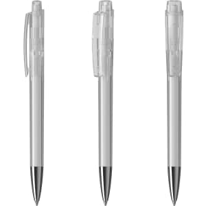 A set of transparent plastic pens with black tips and clear barrels, featuring a logo on each.