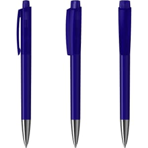 A set of blue transparent plastic pens with silver accents, featuring varying positions and a logo.