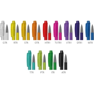 Assorted plastic pens in various colours, including clear, yellow, orange, red, pink, green, blue, purple, and black, with branding.