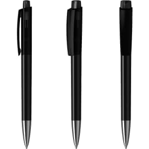 A set of black plastic pens featuring a sleek design and silver accents, including a pen with a clip and a logo.