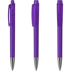 A set of three transparent purple plastic pens with silver accents and clip. Each pen has a distinct angle.