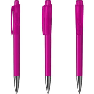Three transparent pink plastic pens with silver tips, featuring a clip and a logo on the barrel.