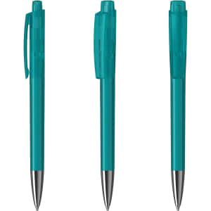 A teal plastic pen with a transparent barrel and a silver nib, featuring a clip and a logo.