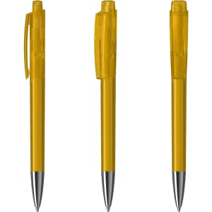 A set of transparent yellow plastic pens with silver tips and clips, displayed from different angles.