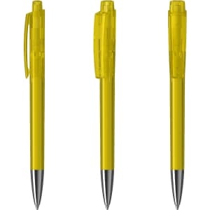 Yellow plastic pens with transparent barrels and silver tips, displayed from multiple angles. The product has a logo.