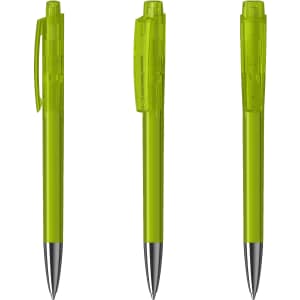 A set of three transparent green plastic pens with silver tips, featuring a clip and a branding logo.