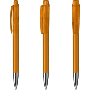A plastic pen with a transparent orange barrel and silver accents, featuring a clip and retractable tip.