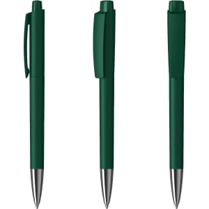A green metal pen with a high gloss finish, featuring a clip and a smooth barrel design.