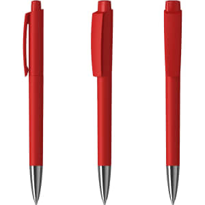 A set of three red metal pens with high gloss finish and chrome accents, featuring clips and push mechanisms.
