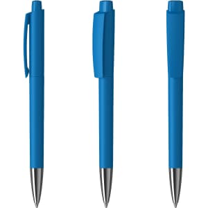 Three blue metal pens with a glossy finish and chrome accents, featuring various angles and a branding logo.