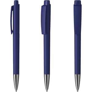A set of three metal pens in navy blue with high gloss finishes and silver accents. Each pen features a clip and cap.