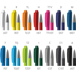 A collection of metal pens in various colours, featuring a sleek design and glossy finish, each with a branding logo.