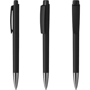 A set of three sleek black metal pens with glossy finishes and silver accents, featuring a branding logo.