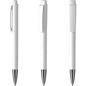 A set of white metal pens with high gloss finish and chrome accents, featuring a branded logo.