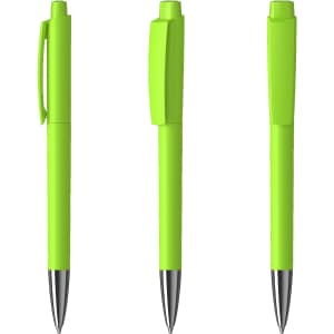 A set of three bright green metal pens with high gloss finishes and silver accents, featuring a clip and cap design.
