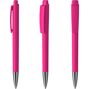 A pink metal pen with a high gloss finish and a clip, showcasing a sleek design from multiple angles.