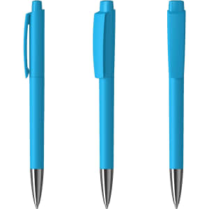 A blue metal pen with a high gloss finish and silver accents, featuring a clip and a smooth design.