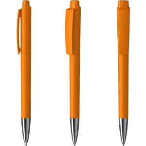 An orange metal pen with a glossy finish, featuring a clip and a silver tip. Includes branding.