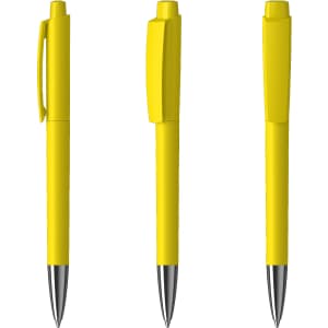 A set of three yellow metal pens with chrome tips and clips, featuring a smooth, glossy finish.