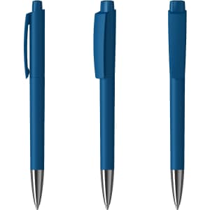 A set of three blue metal pens with a high gloss finish and a branding logo on one side.