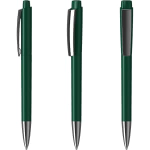 A set of three green plastic pens with silver accents and clips, featuring a sleek high-gloss finish.