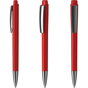 A set of three red plastic pens with silver accents and clips, featuring a sleek design.