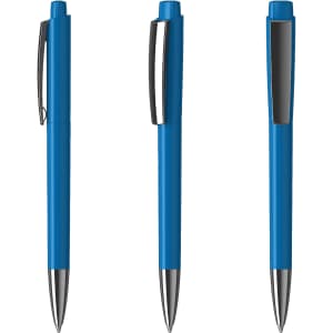 A group of blue plastic pens with silver accents, featuring a clip and a glossy finish.