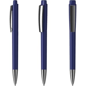 A set of three navy blue plastic pens with chrome accents and a clip, featuring a sleek, high-gloss finish.