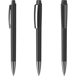 A set of three black plastic pens featuring a sleek design and chrome accents, each with a clip and a branding logo.